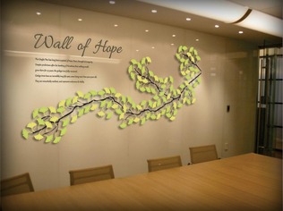 Custom designed vinyl and acrylic Gingko donor wall system, Wall of Hope